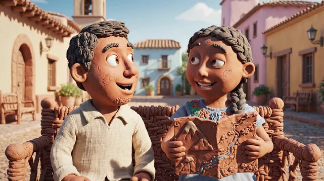 Claymation Couple Exploring a Map in a Charming Village Square.