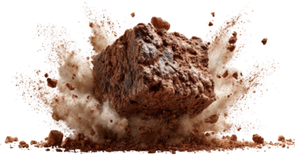 Crushing rock impact scattering dust and debris on transparent background, showing destruction, power, and breaking