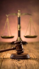 Wooden gavel and scales of justice on a wooden surface