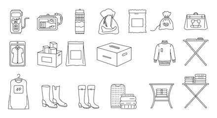 donation items outlining various donation items like clothes bags and boxes useful for illustrating charity organizations and donation campaigns.