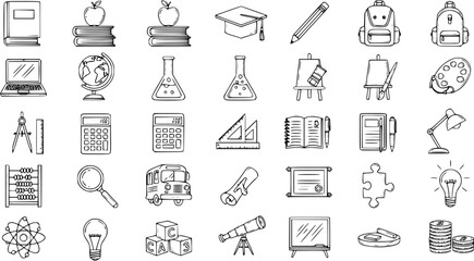 Fototapeta premium Hand-drawn black and white line art vector icons for education and school supplies, featuring a comprehensive collection of learning objects, science equipment, and art tools in doodle style.