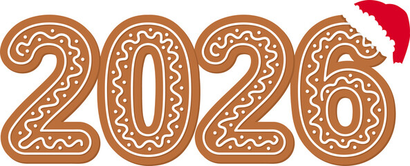 2026 gingerbread cookies, New Year numbers with Santa hat