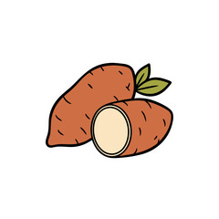 Two Sweet Potatoes One Cut in Half Showing Creamy Interior Against Black Background Simple Flat Vector Sticker Art Style