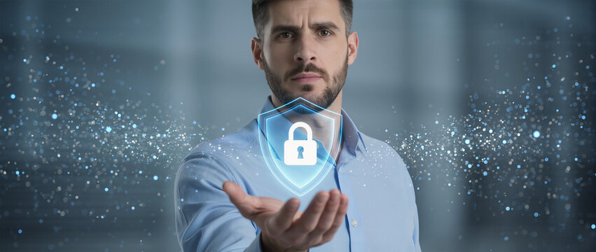 Cyber security safe data protection business technology privacy concept, Businessman holding shield protect security icon security on the virtual display Information security system
