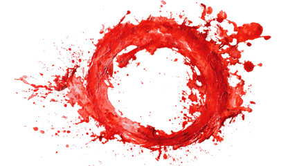 Red liquid splash forming a vibrant round abstract shape with paint droplets and texture on transparent background