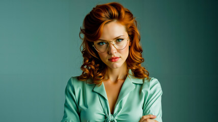 A woman with red hair and glasses wearing a light blue blouse looking to the side
