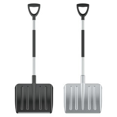 Snow shovels pair, black plastic and metal. 3D rendering