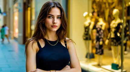 A woman in a black dress with her arms crossed standing in front of a store window with mannequins