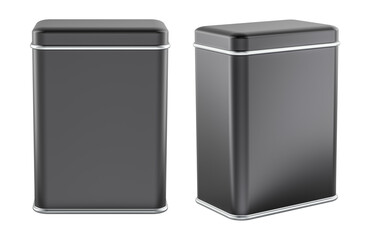 Two tall black rectangular metal storage tins, shown front and angled. 3D rendering
