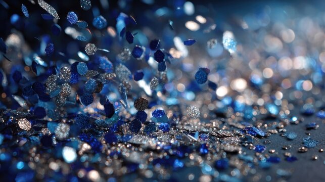 Colorful blue and silver glitter scattered on a dark surface for decoration