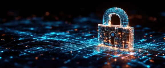 Digital Security - A Futuristic Padlock Protecting Data in Cyberspace.