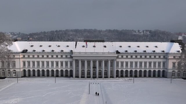 Koblenz, Germany, Rheinland-Pfalz. Historical city covered with Snow in evening Light. Traditional German architecture.