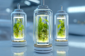 Advanced botanical growth pod. Futuristic herbal cultivation capsule with soft laboratory lighting for biotech research, wellness technology and product visualization.