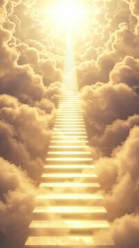 Heaven stairway with bright light and cloud. Eternal journey concept or path to spiritual enlightenment in heaven. vertical video