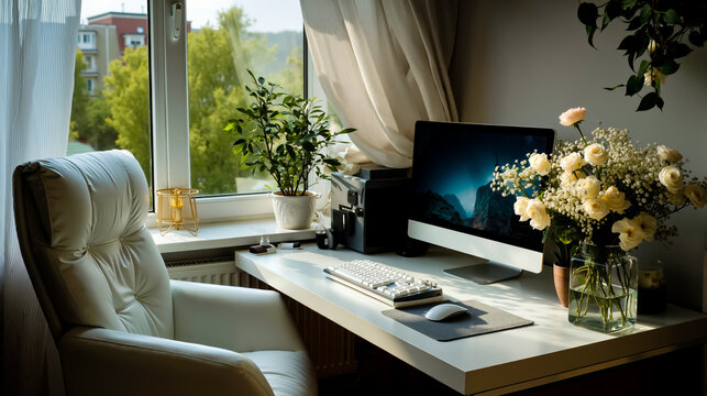 A modern home office with a desk chair computer keyboard mouse and flowers