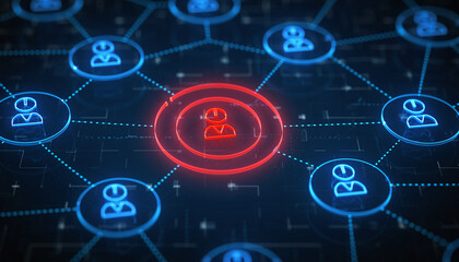 Network Security: A digital depiction of interconnected nodes symbolizing the complex world of information and data security. The glowing central node signifies a targeted entity.