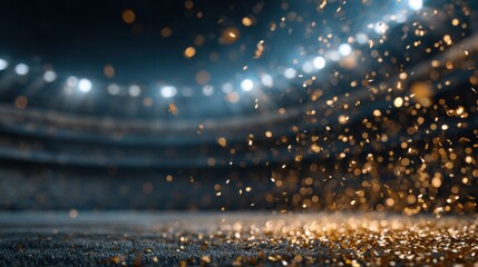 Celebration in a stadium filled with shimmering golden confetti at night