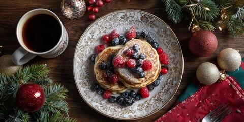Overhead view of holiday breakfast table with pancakes topped with berries and powdered sugar beside coffee, garland and ornaments.