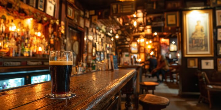 Cozy Irish pub interior with wooden bar, amber light, rows of whisky bottles, and a pint of dark stout on the counter, people chatting behind.