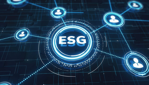 ESG Network: An interconnected digital network visualizing the core concept of ESG (Environmental, Social, and Governance).