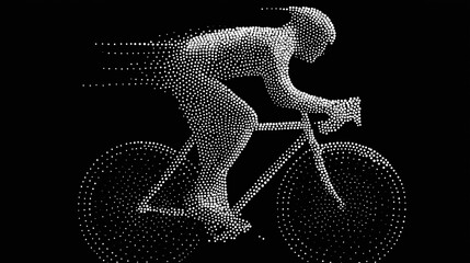 Abstract cyclist in dynamic motion, rendered with white dots on a black background, symbolizing speed and digital sport.