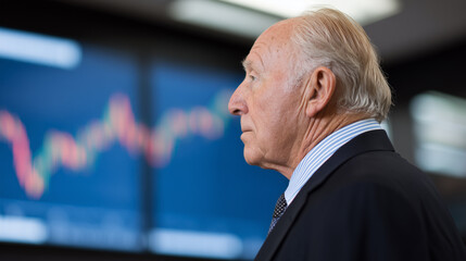 Profile of a focused senior businessman in a suit intently observing a blurry financial graph on a screen, symbolizing market analysis and investment.