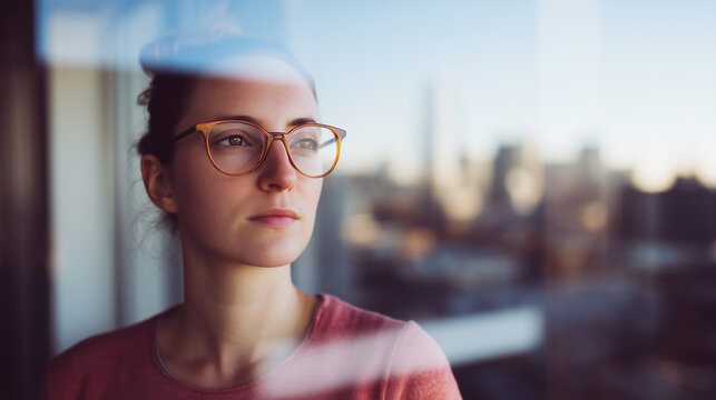 Young woman with eyeglasses looking thoughtfully out a window at a blurred city skyline, her reflection visible in the glass.