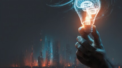 Creative Concept of Innovative Idea with Glowing Light Bulb Over Modern City Background