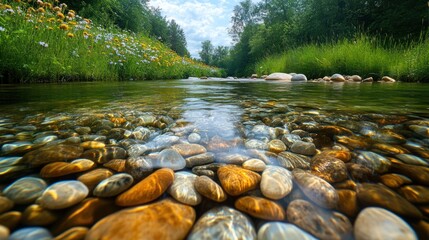 Crystal Clear River Flowing Over Colorful Rocks in a Lush Green Landscape.