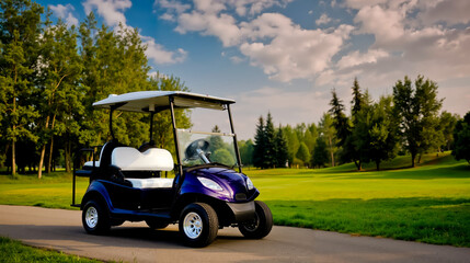 A blue and white golf cart parked on a path in a park