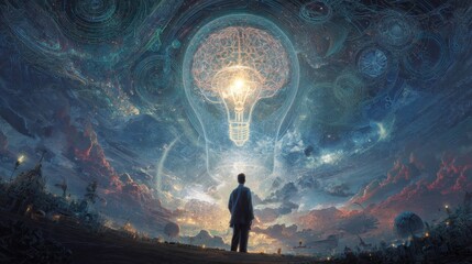 Man gazing at a glowing light bulb in a cosmic landscape representing ideas and inspiration