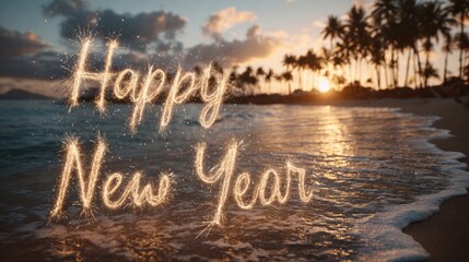 New year celebration at the beach with sparkling fireworks and sunset view