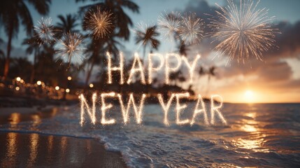 Celebrating New Year at the beach with fireworks and sunset view