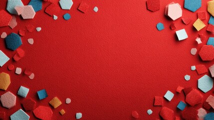 Colorful felt shapes arranged on a vibrant red background for creative projects