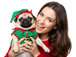 Christmas Elf Pug Puppy with Woman Holiday Pet Costume Santa Helper