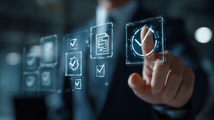 Businessman Interacting with Digital Approval Icons in Futuristic Interface