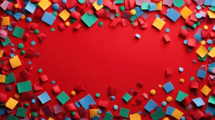 Colorful foam shapes scattered on a bright red surface in a creative workspace