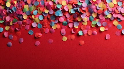 Colorful confetti spread across a red surface for festive celebration events and parties