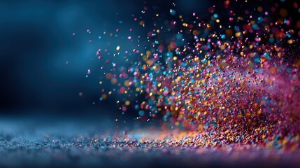 Colorful glitter particles scattered on a dark surface create a vibrant visual effect