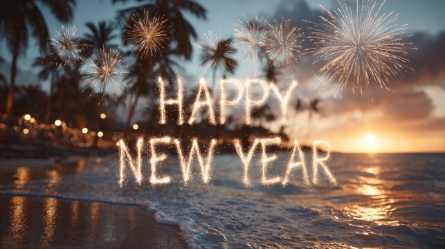 Celebrating New Year at the beach with fireworks and sunset view