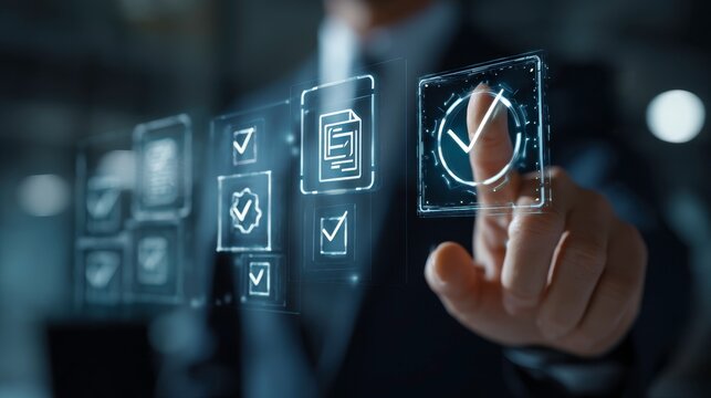 Businessman Interacting with Digital Approval Icons in Futuristic Interface - Powered by Adobe