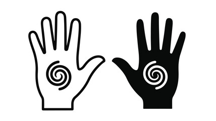 Fototapeta premium Two graphic illustrations of open hands, one black outline and one solid black, each with a spiral symbol in the palm, on a white background.