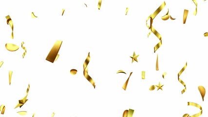 Falling ribbons party streamers and stars in metallic gold on white background. Shining golden confetti foil celebrating glamorous awards holidays weddings or New Years eve festivities. 3d render. - Powered by Adobe