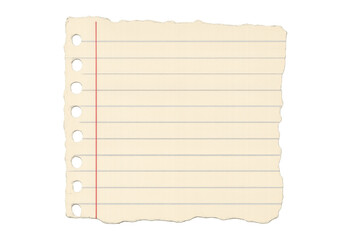 Torn beige lined notebook paper with ragged edges and punching holes, floating on transparent background