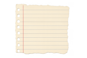 Torn beige lined notebook paper with ragged edges and punching holes, floating on transparent background