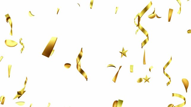 Falling ribbons party streamers and stars in metallic gold on white background. Shining golden confetti foil celebrating glamorous awards holidays weddings or New Years eve festivities. 3d render.