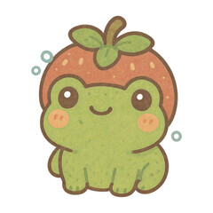 A green chibi frog sits centered on black, wearing a strawberry cap with stem and leaves. Teal bubbles float nearby. Soft paper cut texture and thick brown outlines present.