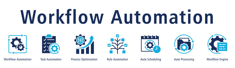 Workflow Automation banner with icons of Workflow Automation, Task Automation, Process Optimization, Rule Automation, Auto Scheduling, Auto Processing, and Workflow Engine.