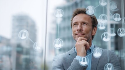 Thoughtful man pondering technology concepts in modern urban setting with digital connection symbols