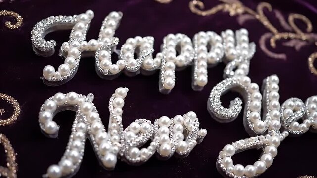 Elegant 'Happy New Year' Text Decoration with Pearls and Gems on Velvet Fabric